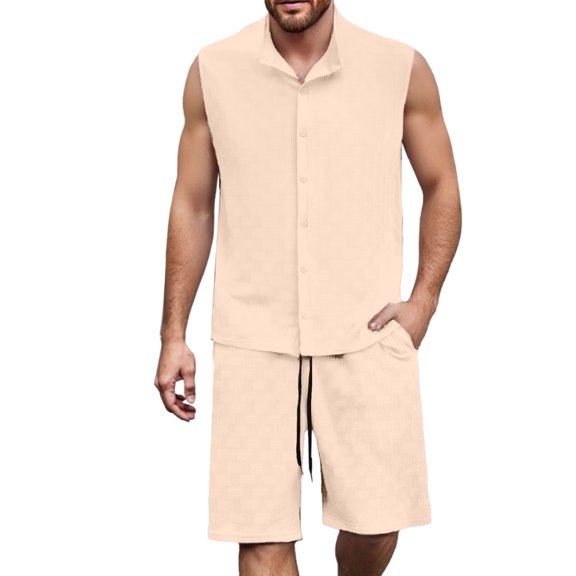 JIKNTTR Men's 2 Piece Hawaiian Outfits Solid Color Button Up Cardigan Vest Shorts Casual Loose Comfortable Trendy Business Suit Leisure Versatile Outfit