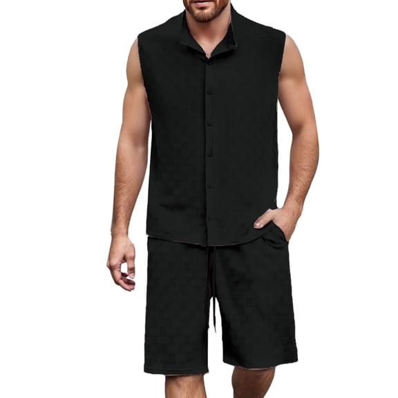 JIKNTTR Men's 2 Piece Hawaiian Outfits Solid Color Button Up Cardigan Vest Shorts Casual Loose Comfortable Trendy Business Suit Summer Beach Outfits