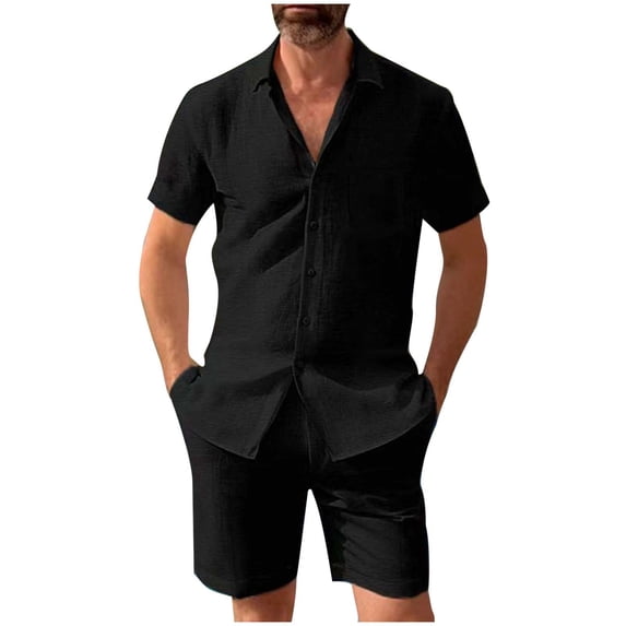 JIKNTTR Men's 2 Piece Linen Outfits Short Sleeve Casual Button Down Shirt Shorts Sets Summer Fashion Beach Outfits Comfort Shorts Sets for Men