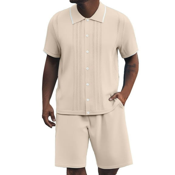 JIKNTTR Men's 2 Piece Outfit Solid Color Knitted Ice Silk Lapel Button Shirt Shorts Men Casual Loose Comfortable Trendy Sportswear Set Vacation Beach Outfits