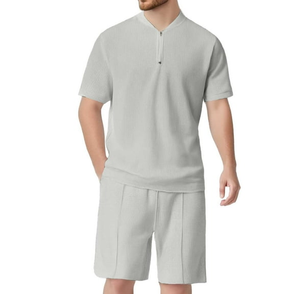 JIKNTTR Men's 2 Piece Outfits Fashion Summer Solid Color Breathable Casual Sports Short Sleeve Suit Vacation Beach Outfits