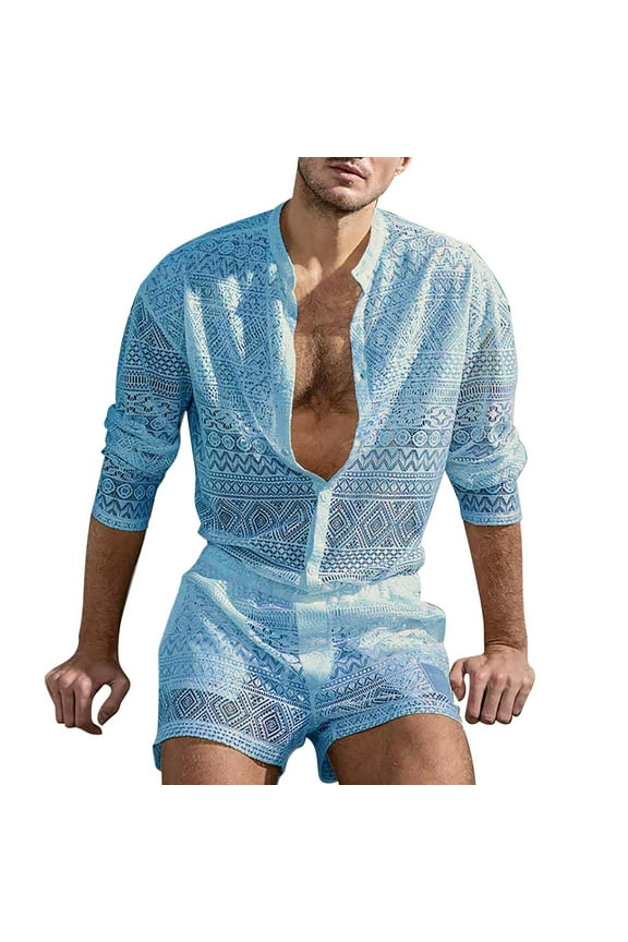 Men's 2 Piece Outfits Longsleeve Shirt Casual Shorts Fashion Suit Clothing Matching Suit Summer Suit Sportswear Beach Tracksuit Set