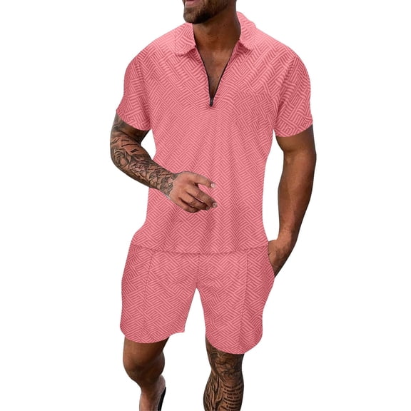 JIKNTTR Men's 2 Piece Outfits Male Casual Striped Print Two Piece Suit Zipper Short Sleeve Top Blouse Suit Drawstring Pocket Short Set Leisure Versatile Outfit