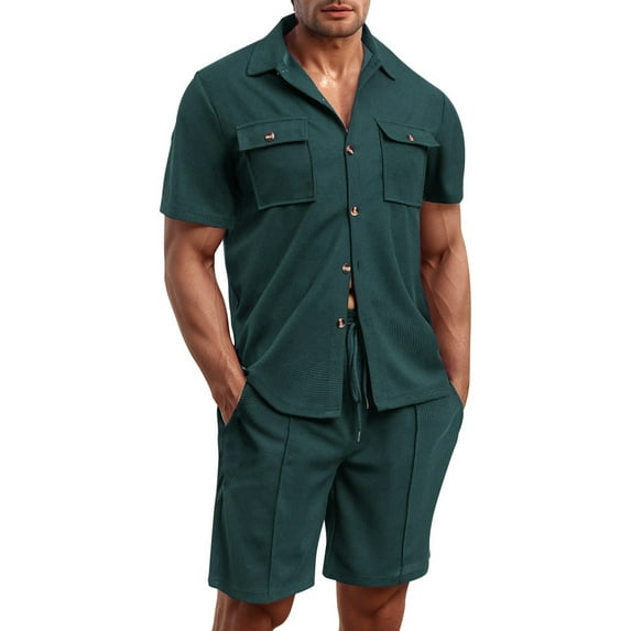 JIKNTTR Men's 2 Piece Summer Short Sets 2025 Plus Size Pocket Shirt Short Sleeved Shorts Set Daily Casual Sport Suit