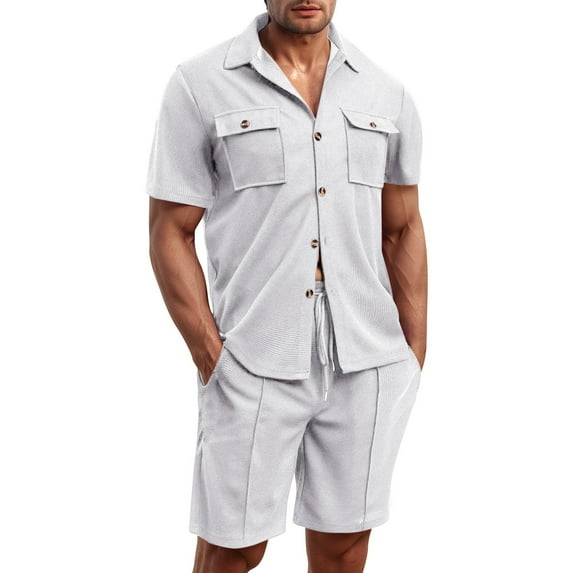JIKNTTR Men's 2 Piece Summer Short Sets 2025 Plus Size Pocket Shirt Short Sleeved Shorts Set Sports Jogging Tracksuit