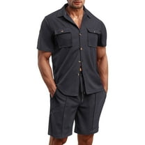 JIKNTTR Men's 2 Piece Summer Short Sets 2025 Plus Size Pocket Shirt Short Sleeved Shorts Set Stylish Handsome Outfit