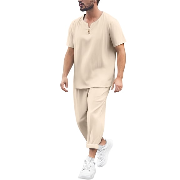 JIKNTTR Men's 2 Piece Sweatsuits Outfits Mens Linen Sets Summer Leisure Short Sleeve T Shirt And Shorts Set Fashionable Sport Suit