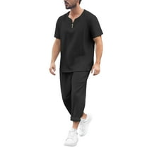 JIKNTTR Men's 2 Piece Sweatsuits Outfits Mens Linen Sets Summer Leisure Short Sleeve T Shirt And Shorts Set Leisure Walking Outfits