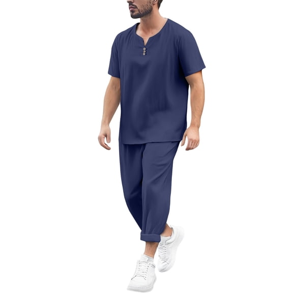 JIKNTTR Men's 2 Piece Sweatsuits Outfits Mens Linen Sets Summer Leisure Short Sleeve T Shirt And Shorts Set Vacation Walking Outfits