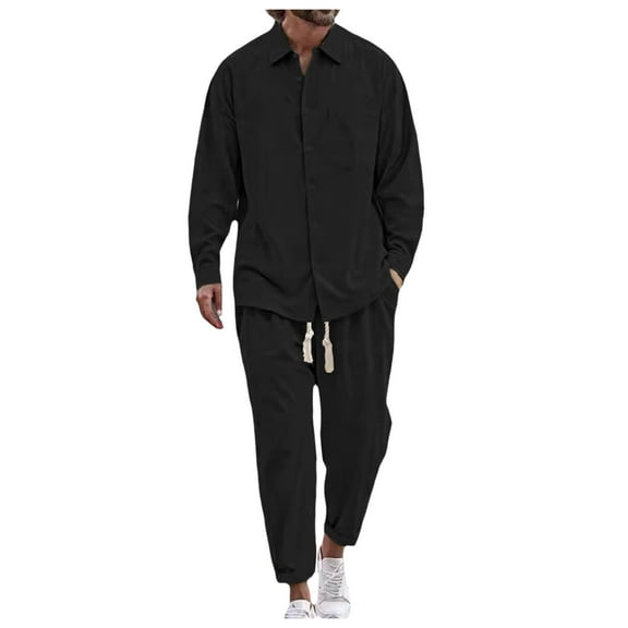 JIKNTTR Men's 2 Piece Tracksuit Set Men Long Sleeve Solid Color Shirt Casual Holiday Lapel Shirts Tops Pants Outfits Comfortable Loungewear Set