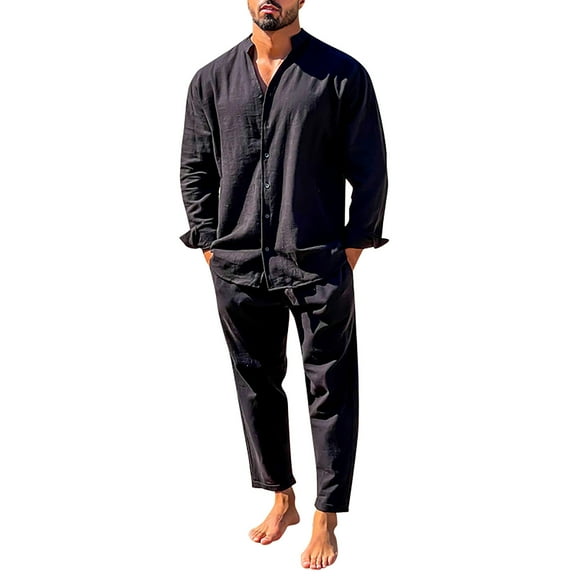 JIKNTTR Men's 2 Pieces Linen Set Linen Shirt Sets Outfits Shirts Long Sleeve Loose Yoga Pants Beach Clothing Leisure Walking Outfits