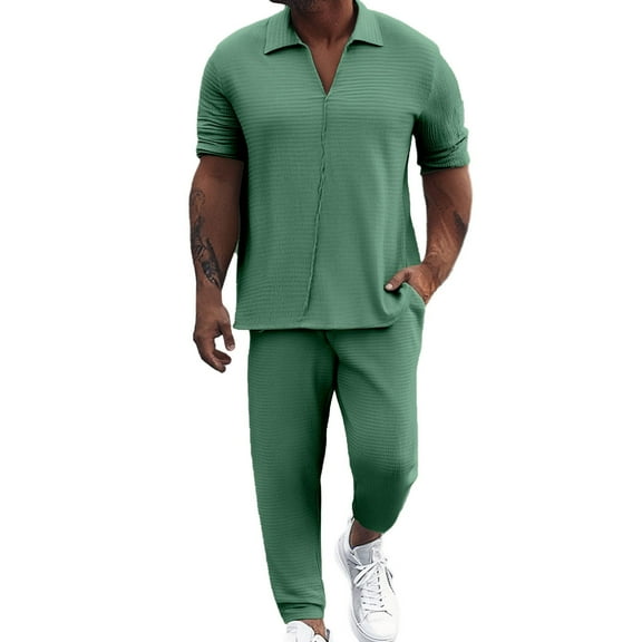 JIKNTTR Men's 2 Pieces Linen Set Male Summer Commuting Suit Solid Color Textured Water Ripple Casual Shirt Short Sleeve Trousers Set Stylish Handsome Outfit