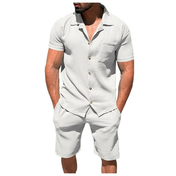 JIKNTTR Men's 2 Pieces Linen Set Short Sleeve Shirt Summer Casual Holiday Solid Color Shirts Tops Shorts Outfits Simple Casual Suits