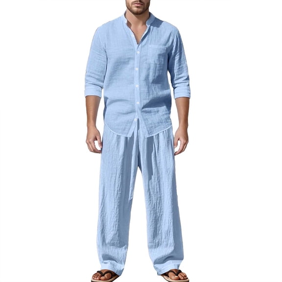 JIKNTTR Men's 2 Pieces Shirt Sets Men Long Sleeve Solid Color Shirt Casual Holiday Shirts Tops Pants Outfits Comfortable Loungewear Set