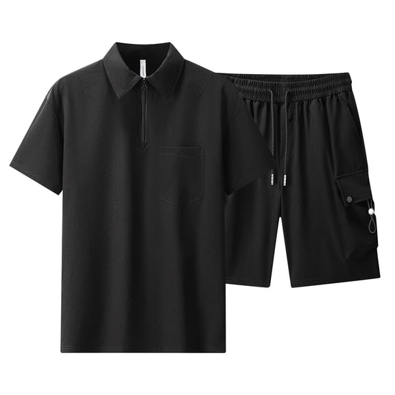 JIKNTTR Men's 2 Pieces Shirt Sets Solid Color Zipper Lapel Short Sleeved Shirt Shorts Men Casual Trend Business Two Piece Set Simple Casual Suits