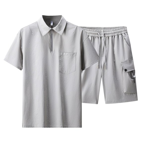 JIKNTTR Men's 2 Pieces Shirt Sets Solid Color Zipper Lapel Short Sleeved Shirt Shorts Men Casual Trend Business Two Piece Set Stylish Handsome Outfit