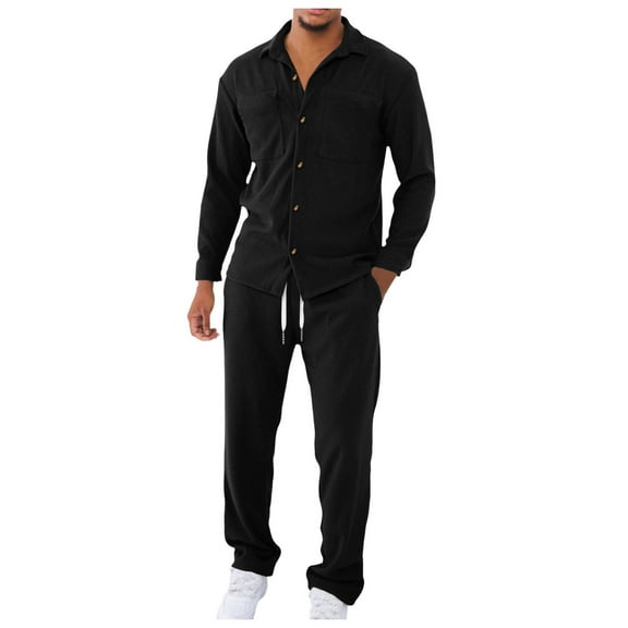 JIKNTTR Men's Casual 2 Piece Outfits Long Sleeve Lapel Solid Color Shirt Holiday Shirts Tops Pants Outfits Trendy Beach Tracksuits