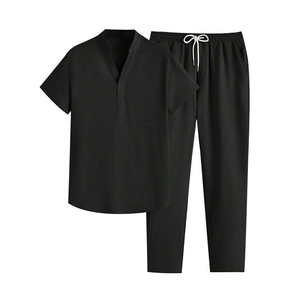 JIKNTTR Men's Casual 2 Piece Outfits Spring/Summer Fashion Outdoor Leisure Long Sleeve Henley Shirts And Pants Breathable Sportswear Set Comfort Loungewear Sets