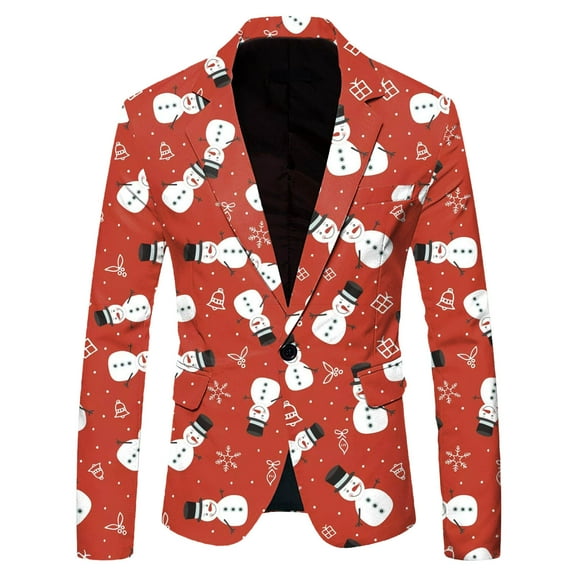 JIKNTTR Men's Fashionable Temperament Elegant Suit Christmas Snowflake Santa Printed Pocket Lapel Button Suit Jacket Suit Daily Leisure Sport Coats Blazers
