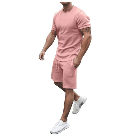 JIKNTTR Men's Hawaiian 2 Piece Outfits Mens Set Round Neck T Shirt Sports Leisure Set Plus Size Short Sleeved Shorts Set Fashion Casual Short Suit