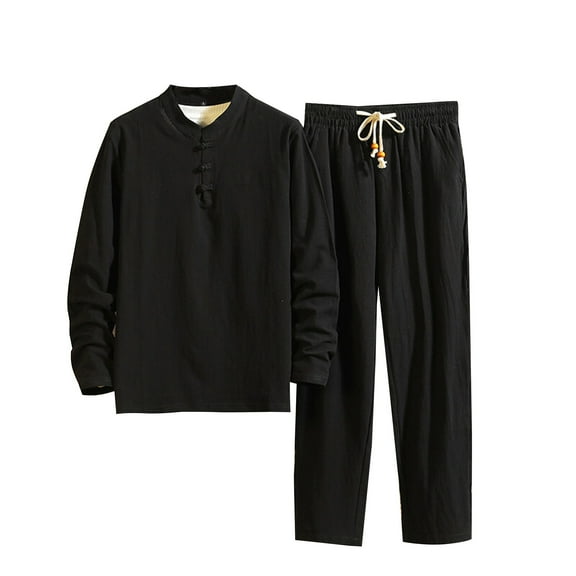 JIKNTTR Men's Hawaiian Matching Set Linen Long Sleeve T Shirt Set For Men Plus Size Casual 2 Piece Outfit Relaxed Fit Top And Pants Trendy Versatile Outfits