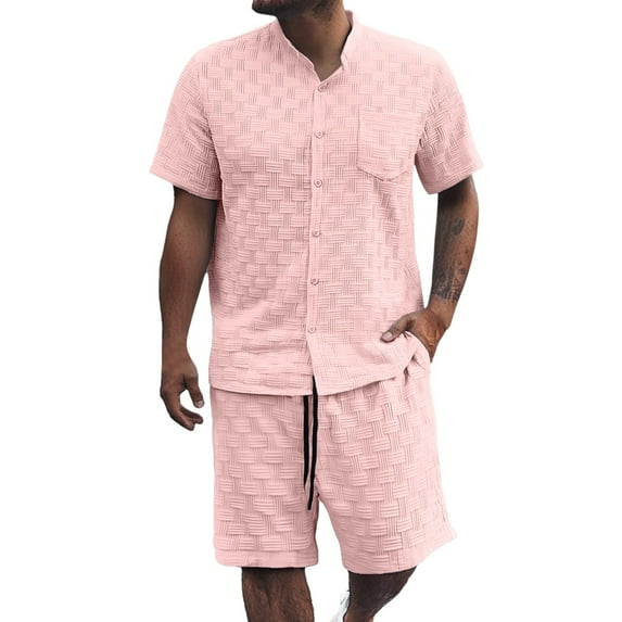 JIKNTTR Men's Hawaiian Matching Set Solid Color Jacquard Short Sleeved Shirt Shorts Men Casual Business Comfortable Loose Shorts Two Piece Sets Comfy Jogging Loungewear