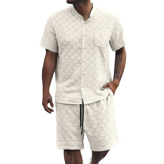 JIKNTTR Men's Hawaiian Matching Set Solid Color Jacquard Short Sleeved Shirt Shorts Men Casual Business Comfortable Loose Shorts Two Piece Sets Loungewear Sets