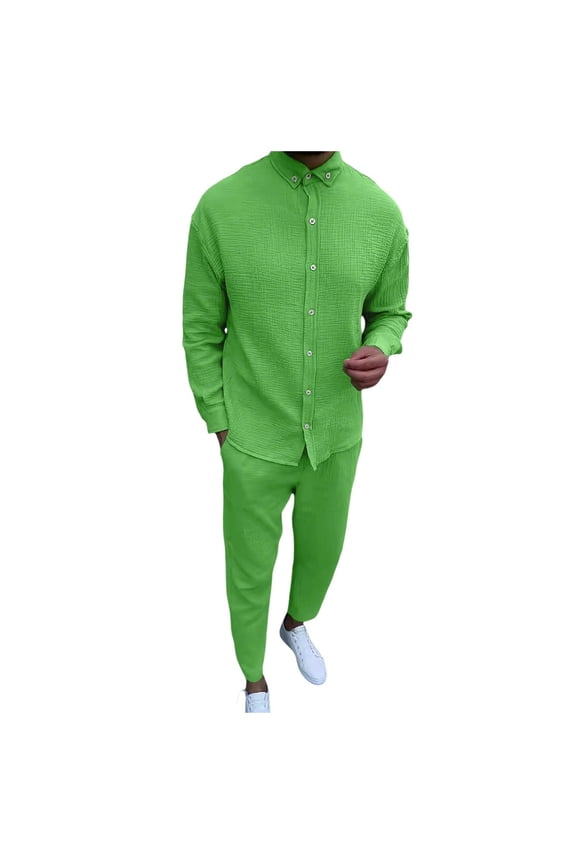 Men's Hawaiian Matching Set Wrinkly Casual Suit Long Sleeve Fashion Cargo Pants Two Piece Set Fashionable Sport Suit