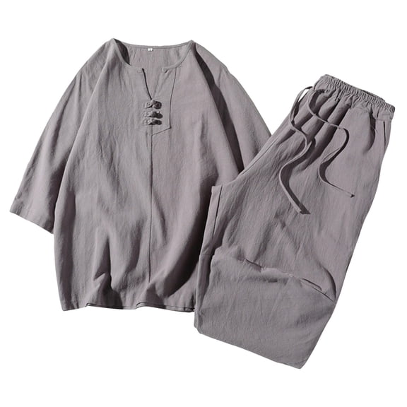 JIKNTTR Men's Linen 2 Piece Outfits Mens Tang Suit Summer Short Sleeve Three Quarter Sleeve Linen Loose T Shirt Shorts Set Casual Wear Casual Loose Pant Sets