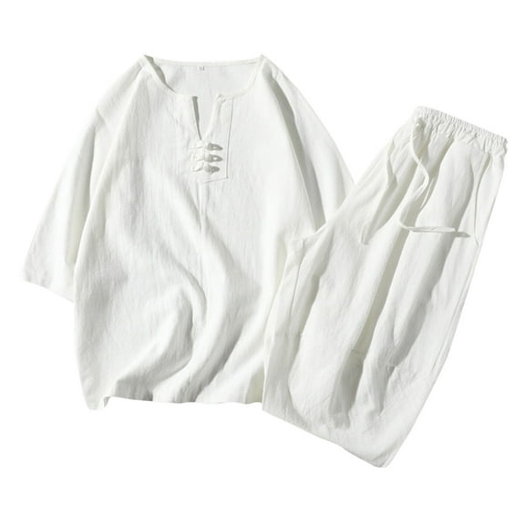 JIKNTTR Men's Linen 2 Piece Outfits Mens Tang Suit Summer Short Sleeve Three Quarter Sleeve Linen Loose T Shirt Shorts Set Casual Wear Daily Casual Sport Suit