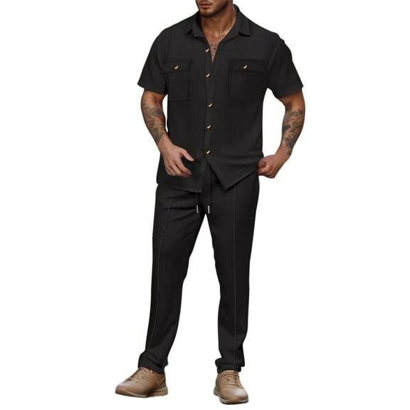 JIKNTTR Men's Polo Shirt And Shorts Set 2025 Summer Casual Fashion Button Pocket Shirt Short Sleeve Pants Suit Commuting Work Outfits