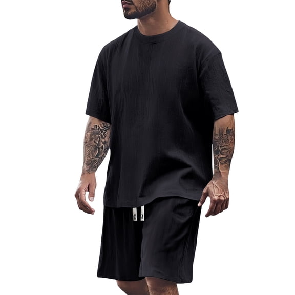 JIKNTTR Men's Slim Fit 2 Piece Suit Summer Thin Ice Silk T Shirt With Solid Color Loose Leisure Suit Fashion Beach Outfits