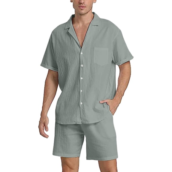 JIKNTTR Men's Summer Beach Outfits 2 Piece Short Sleeve Shirts And Shorts Vacation Texture Linen Sets For Men Solid Color Yoga Matching Outfits