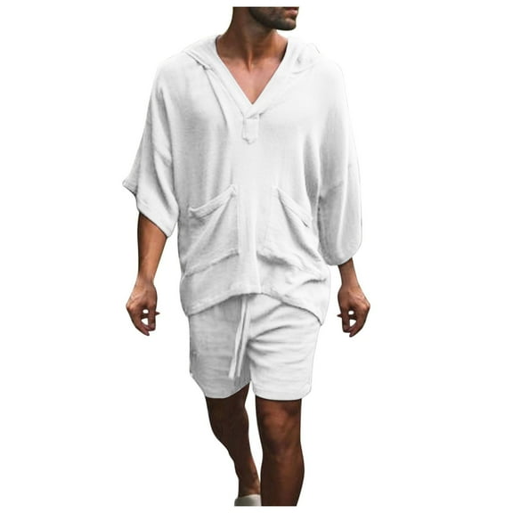 JIKNTTR Men's Summer Beach Outfits Men Hawaiian Half Sleeve Hooded Double Pocket Top Shorts Set Casual Loose Trendy Two Piece Set Fashion Beach Outfits
