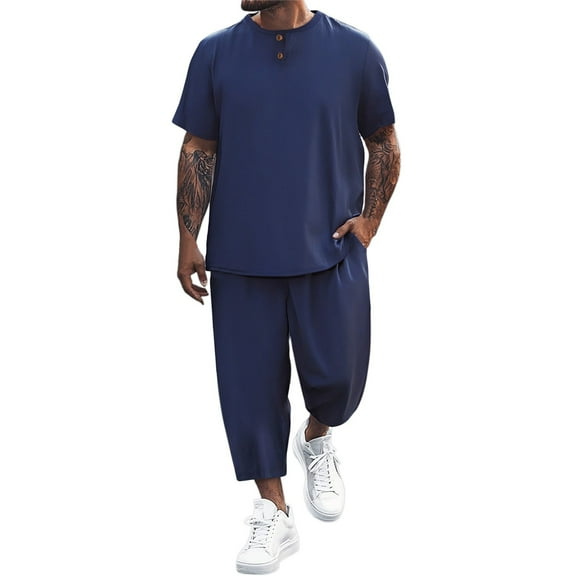 JIKNTTR Men's Summer Beach Outfits Mens Linen Sets 2 Piece Leisure Short Sleeve T Shirt And Shorts Set Vacation Walking Outfits