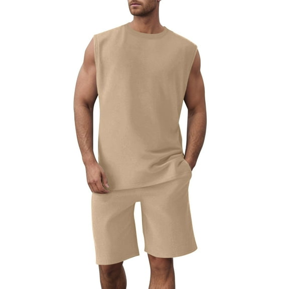 JIKNTTR Men's Summer Clothing Sets Knit Sleeveless Vest And Shorts Sports Suit Casual Thin Top Solid Color Vest Two Piece Set Fashion Beach Outfits
