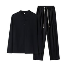 JIKNTTR Men's Summer Clothing Sets Mens Retro Linen Long Sleeved Shirt Set With Mens Buckle Two Piece Set Leisure Walking Suit