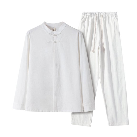 JIKNTTR Men's Summer Clothing Sets Mens Retro Linen Long Sleeved Shirt Set With Mens Buckle Two Piece Set Stylish Shorts Suit