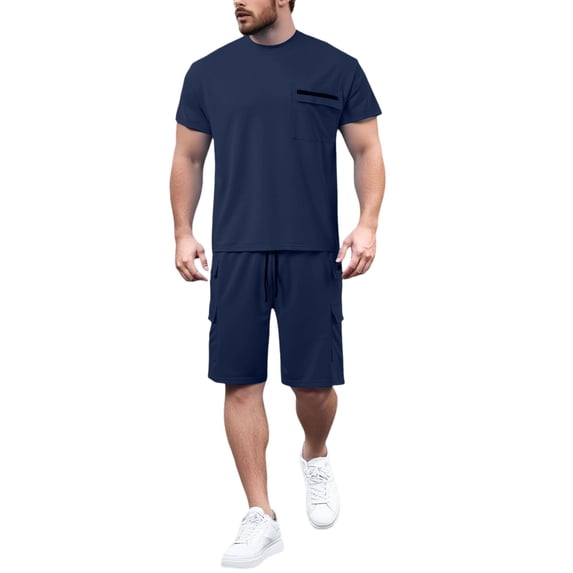 JIKNTTR Men's T Shirt And Shorts Set Solid Color Zipper Pocket Round Neck Short Sleeved T Shirt Shorts Casual Business Sportswear Set Casual Loose Pant Sets