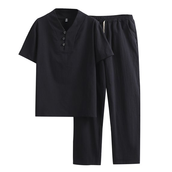 JIKNTTR Men's Track Suits 2 Piece Mens Spring Summer Solid Color Casual V Neck Short Sleeved Shirt Elastic Waist Pants Suit Two Piece Set Daily Comfort Loungewear