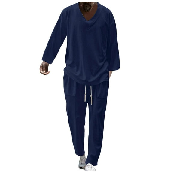JIKNTTR Mens 2 Pieces Outfits Men Long Sleeve V Neck Solid Color Shirt Casual Holiday Shirts Tops Pants Outfits Stylish Sweatsuit Outfits