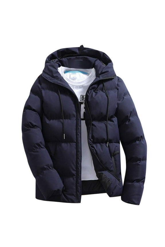 Mens Hooded Puffer Jacket Fashion Autumn Winter Solid Zipper Hooded Loose Outdoor Coat Tops Stylish Windbreak Outerwear
