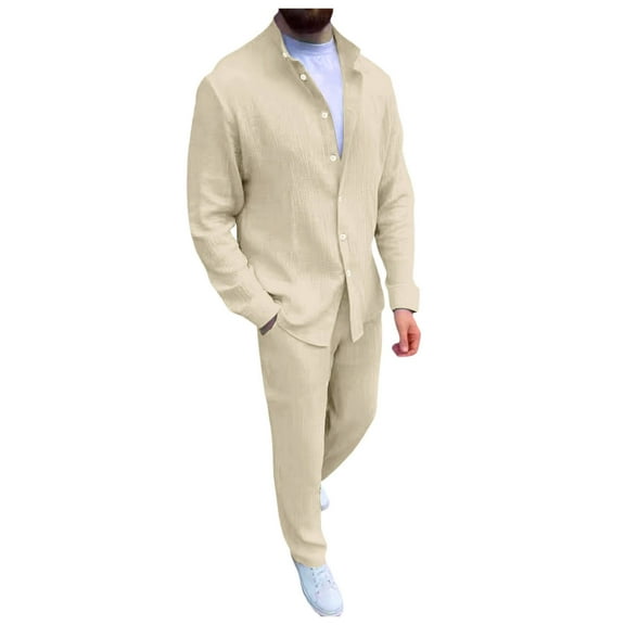 JIKNTTR Mens Short Sets 2 Piece Outfits Men Long Sleeve Solid Color Shirt Casual Holiday Shirts Tops Pants Outfits Comfortable Loungewear Set