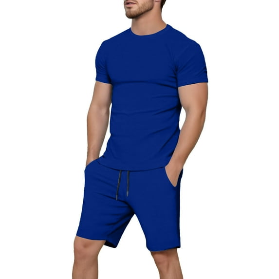 JIKNTTR Mens Short Sets 2 Piece Outfits Men's Short Sleeve T Shirt Summer Casual Holiday Solid Color Tshirts Tops Shorts Sports Suit Leisure Versatile Outfit