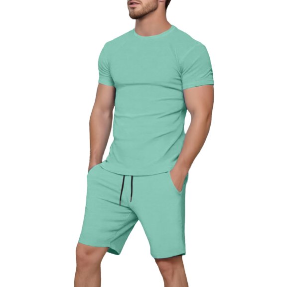 JIKNTTR Mens Short Sets 2 Piece Outfits Men's Short Sleeve T Shirt Summer Casual Holiday Solid Color Tshirts Tops Shorts Sports Suit Stylish Sweatsuit Outfits