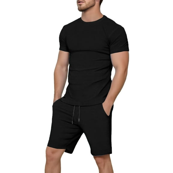 JIKNTTR Mens Short Sets 2 Piece Outfits Men's Short Sleeve T Shirt Summer Casual Holiday Solid Color Tshirts Tops Shorts Sports Suit Summer Beach Outfits