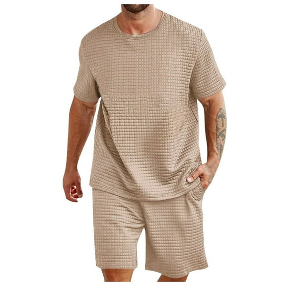 JIKNTTR Mens Short Sets 2 Piece Outfits Men's Sportswear Suit Solid Color Crew Neck T Shirt Shorts Fashion Men's Summer Suit Stylish Sweatsuit Outfits