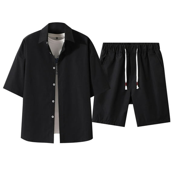 JIKNTTR Mens Short Sets 2 Piece Outfits Mens Summer Short Sleeved Shirt Solid Color Beach Shorts Suit Stylish Shorts Suit