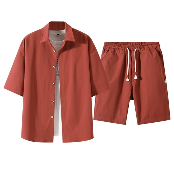 JIKNTTR Mens Short Sets 2 Piece Outfits Mens Summer Short Sleeved Shirt Solid Color Beach Shorts Suit Stylish Sweatsuit Outfits