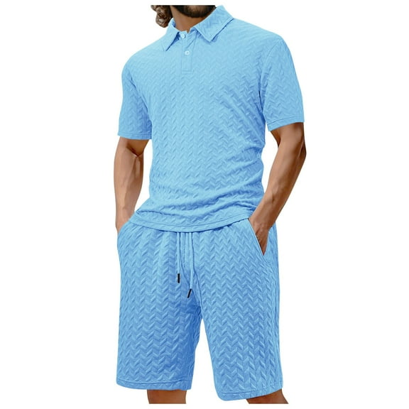 JIKNTTR Mens Short Sets 2 Piece Outfits Solid Color Jacquard Button Lapel Short Sleeved Polo Shirt Shorts Casual Comfortable Sportswear Set Beach Tracksuit Set